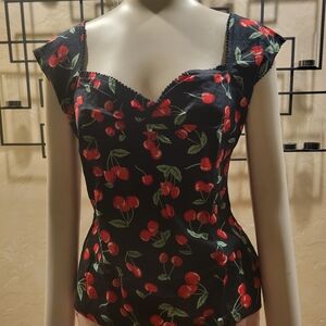 Cherry Print Black Blouse